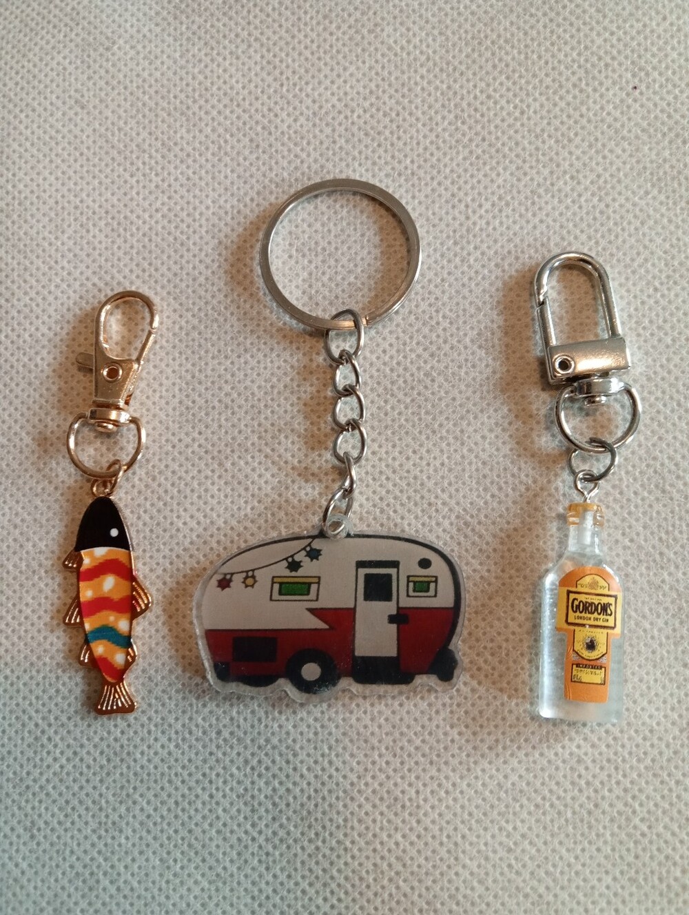 Keychain Bag Charms with Red Camper, Bottle Of Booze, & Multicolor Fish